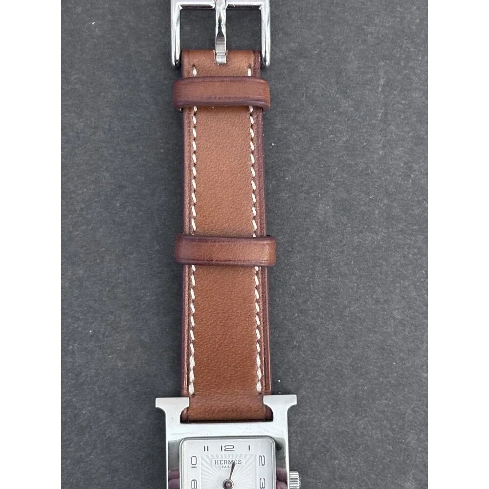 Hermes 21mm Stainless Steel And Natural Barenia Leather Here H PM Quartz Watch